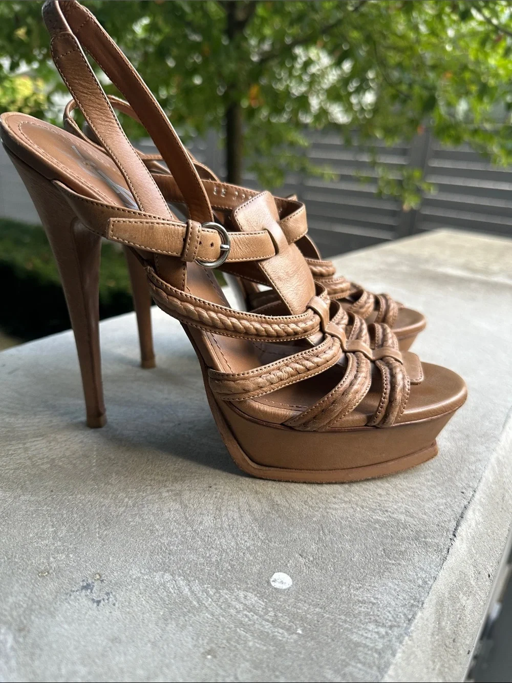 Yves Saint Laurent Brown Leather Braided Strap Heels - Picture 2 of 3